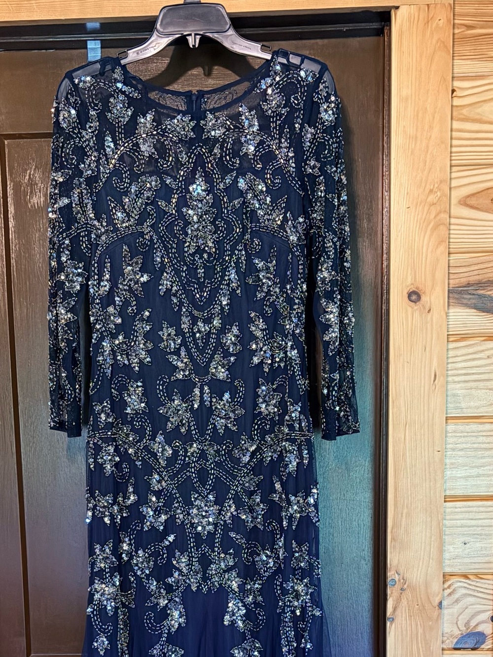 Adrianna Papell Navy Long Sleeve Beaded Evening Gown